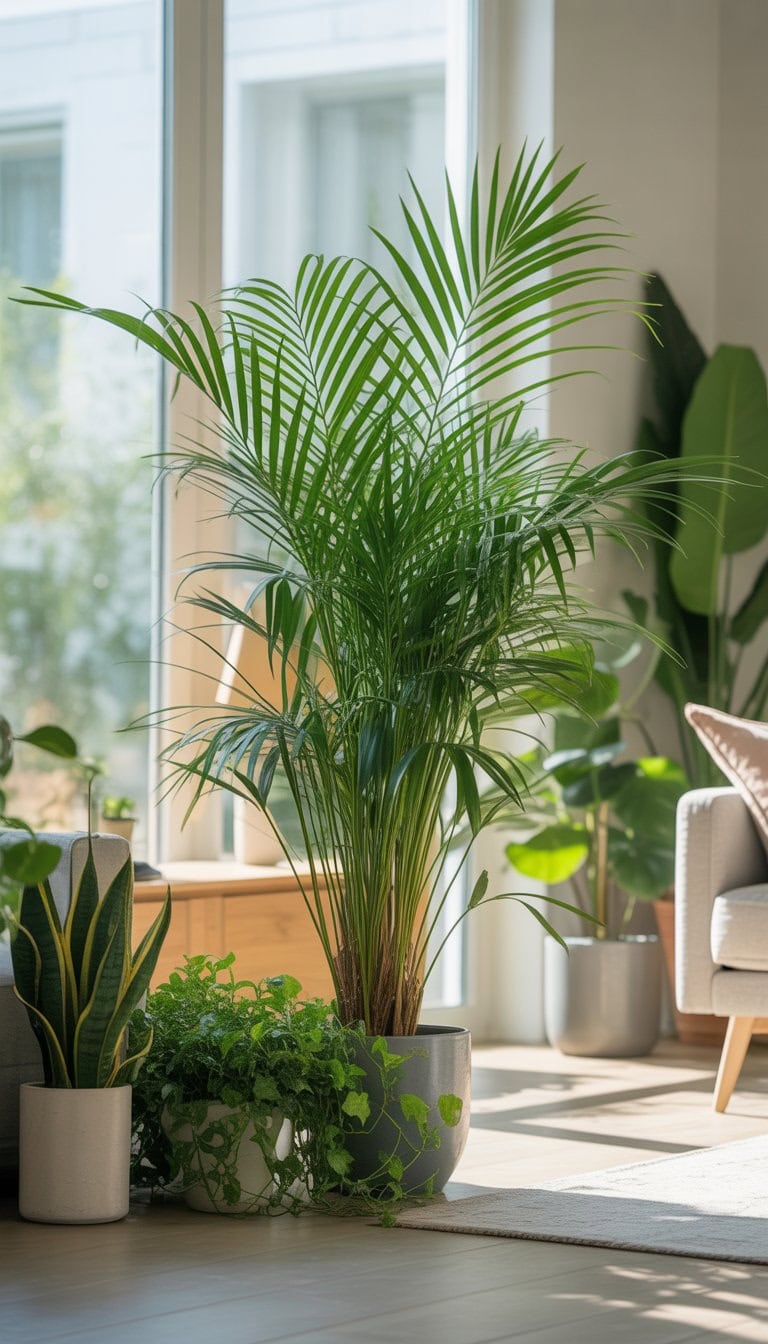 A lush Areca Palm plant surrounded by other indoor plants in a bright living room with natural sunlight.