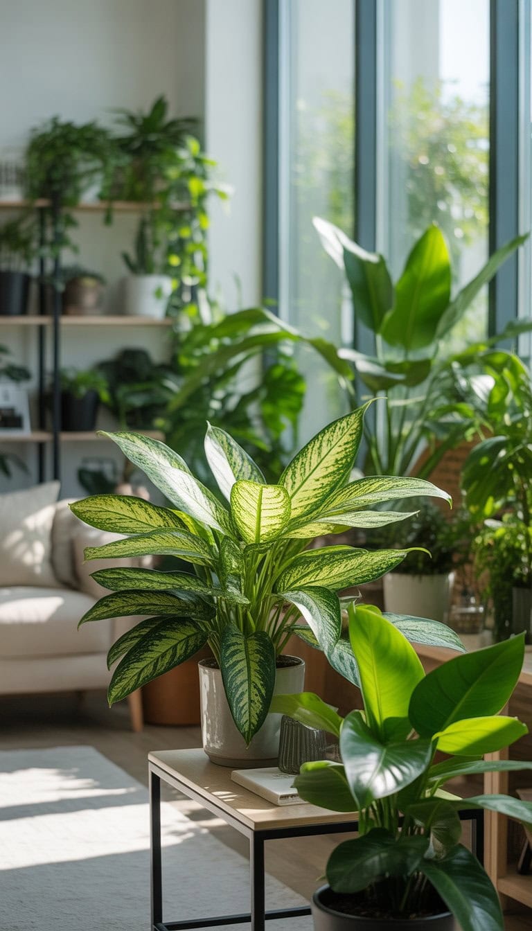 Indoor living room filled with various healthy green plants including a Chinese Evergreen near a sunlit window.