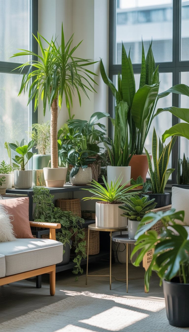 A bright indoor living space filled with various green plants including Dracaena, arranged on shelves and tables near large windows.