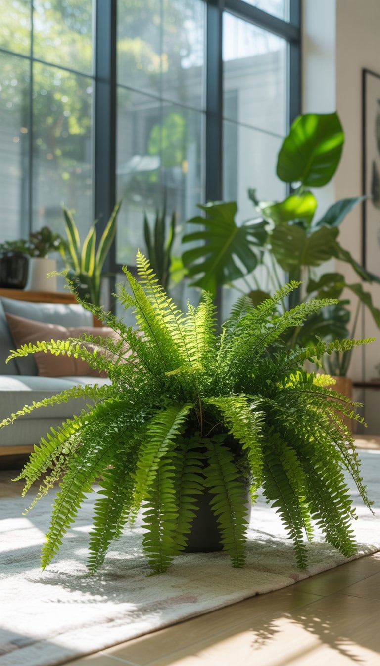 A lush Boston Fern plant displayed indoors with other houseplants in a bright living room.
