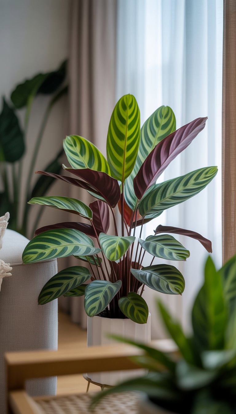 A vibrant Calathea plant with patterned leaves placed indoors near a window in a bright, cozy room with other plants in the background.