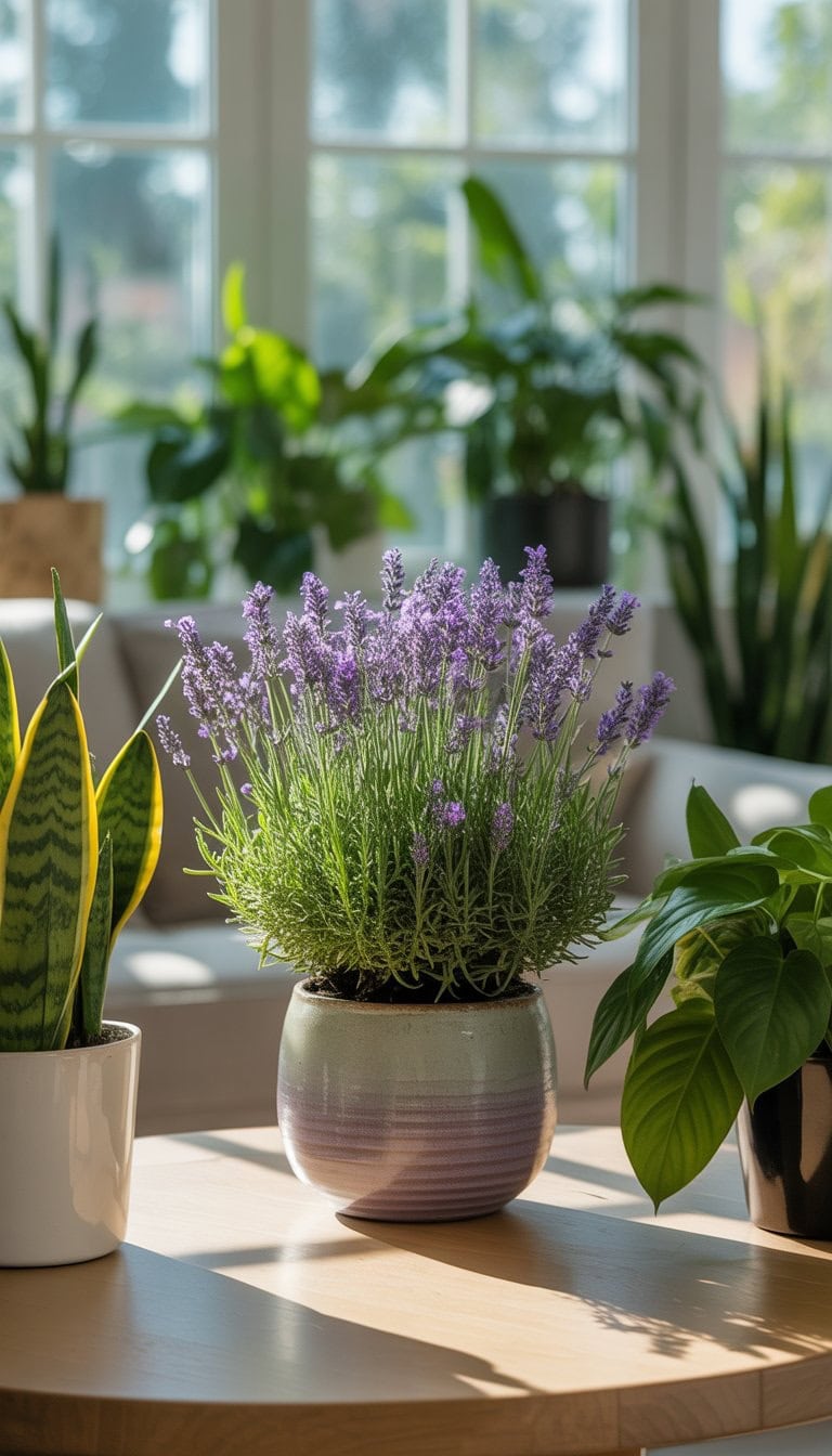 A lavender plant with purple flowers indoors surrounded by various green houseplants on a wooden table near a sunlit window.