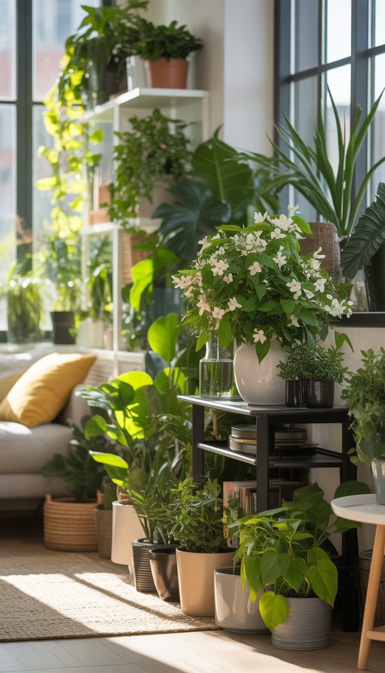 A sunlit indoor room filled with a variety of green plants, including jasmine with white flowers, arranged in pots on shelves and tables.