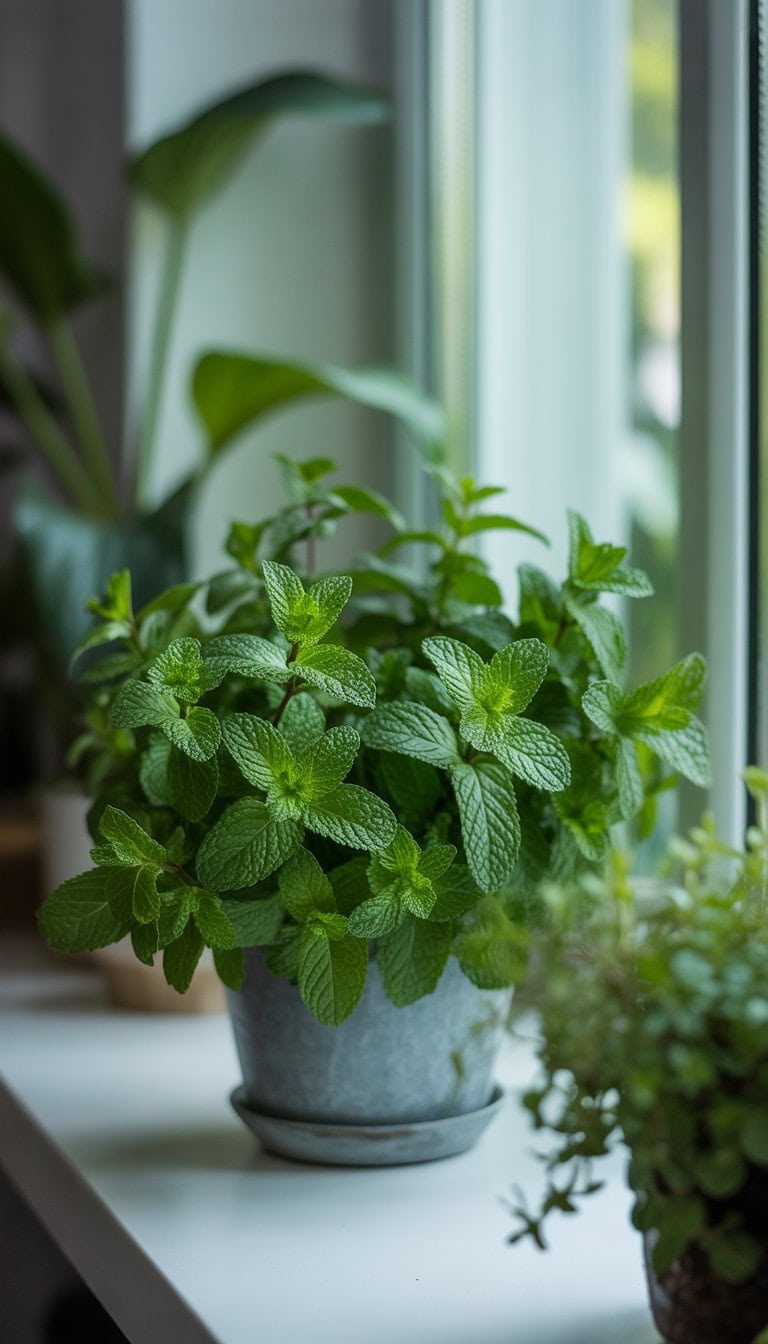 A healthy mint plant on a bright windowsill indoors with other plants blurred in the background.