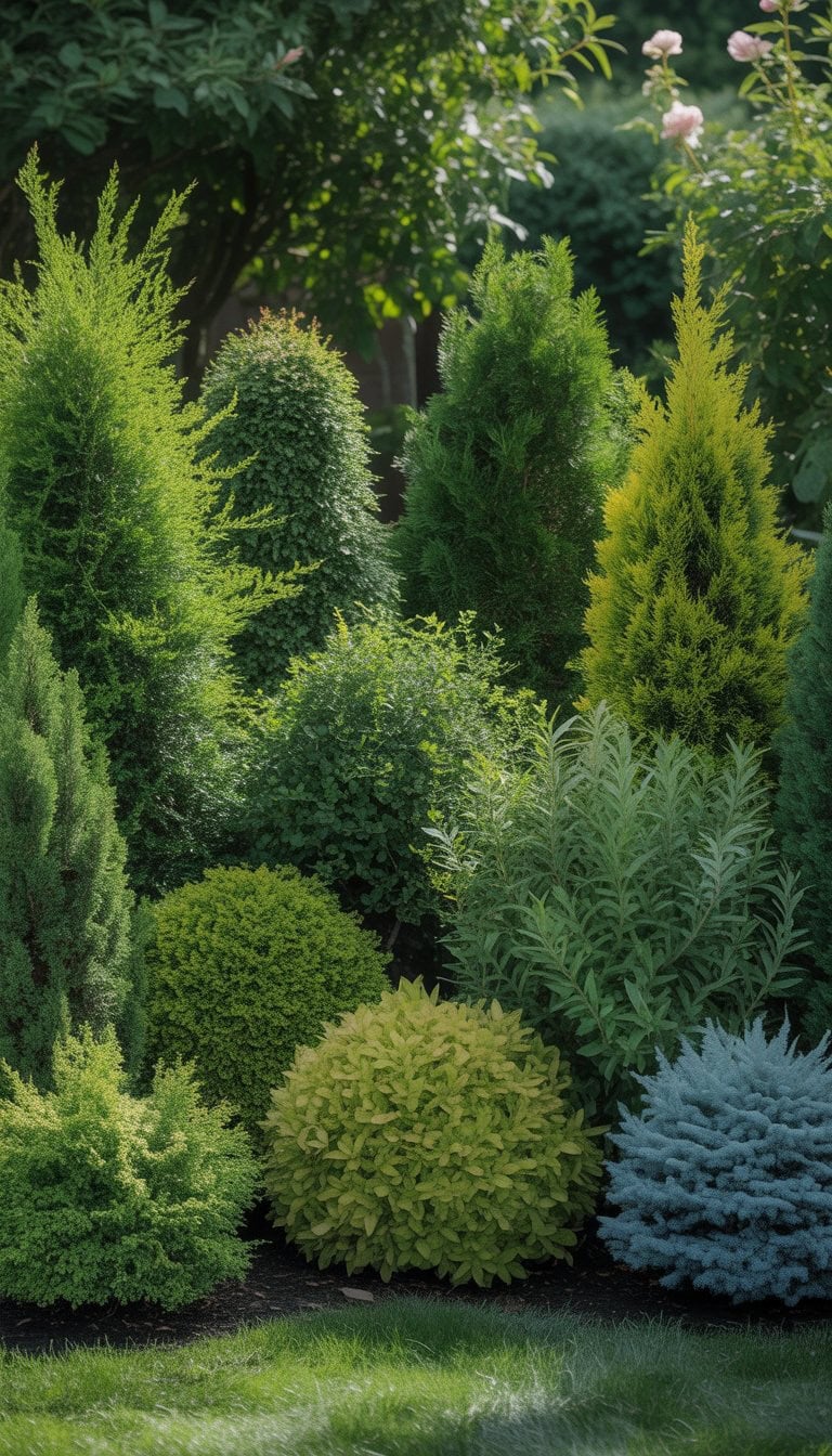 A garden with a dense arrangement of various green privacy shrubs forming a natural hedge, creating a secluded and cozy outdoor space.