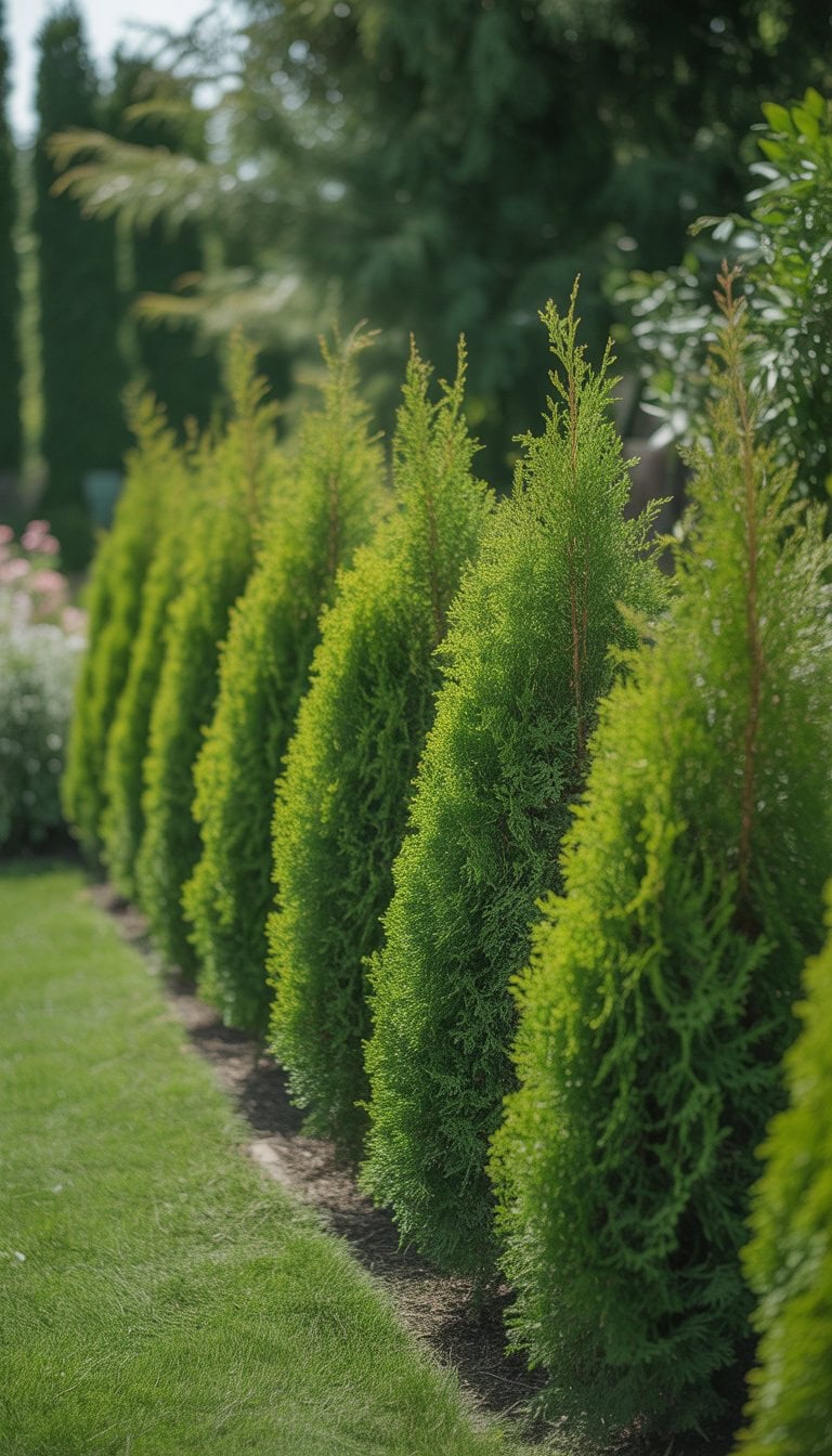 A row of green Giant Arborvitae shrubs forming a dense privacy hedge in a sunny backyard garden.