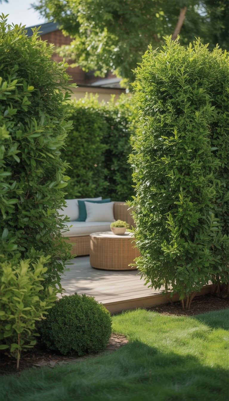 A backyard garden with tall, dense green privet shrubs forming a natural privacy fence around a cozy outdoor seating area.