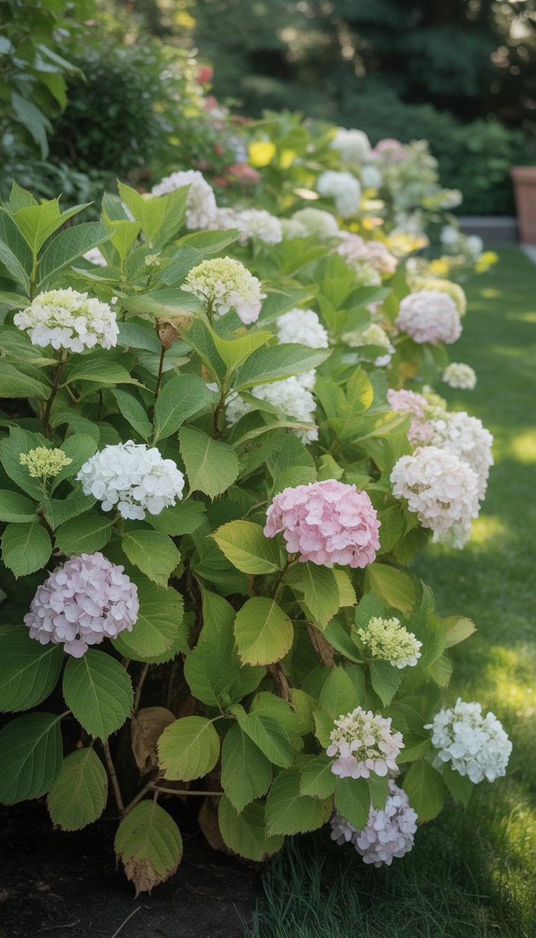 A row of Oakleaf Hydrangea shrubs with green leaves and white flowers forming a natural privacy screen in a sunny garden.