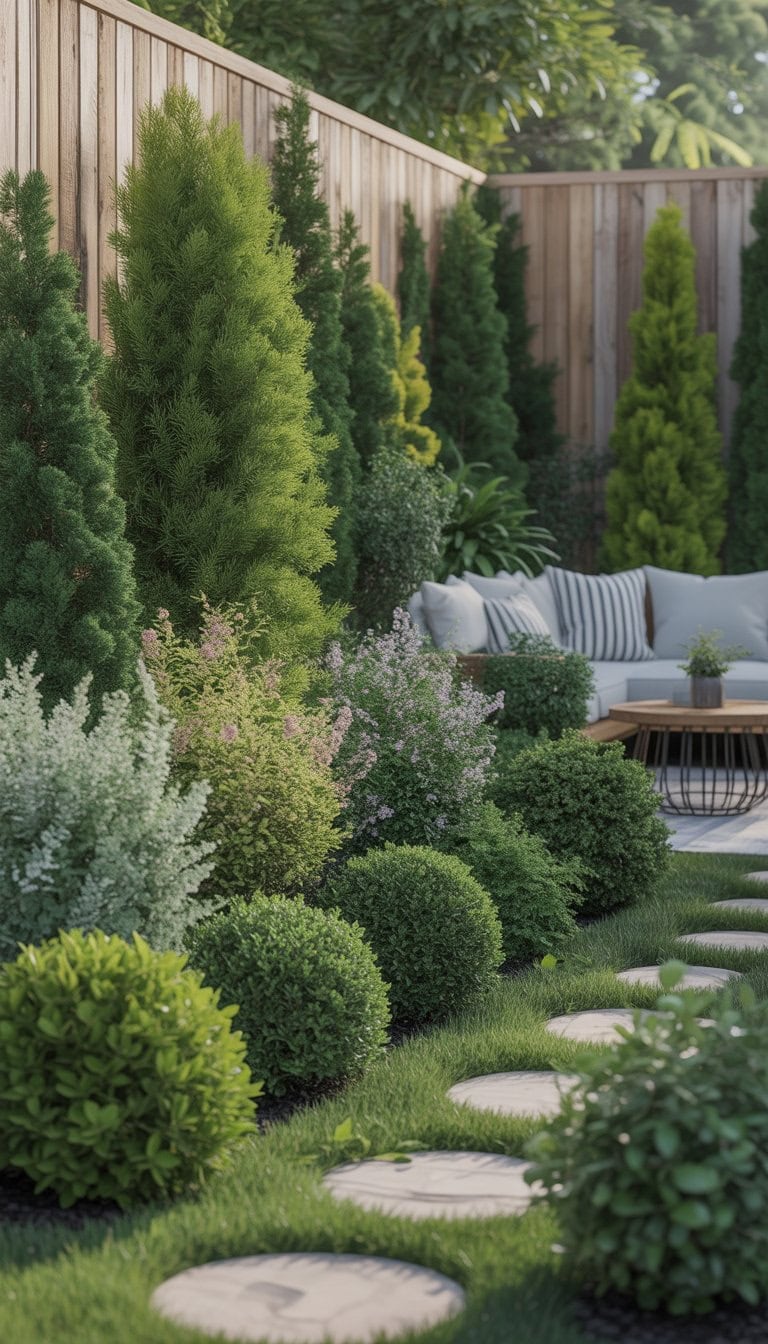 A garden with various green privacy shrubs planted along a fence, creating a secluded and peaceful outdoor space with a stone pathway and seating area.