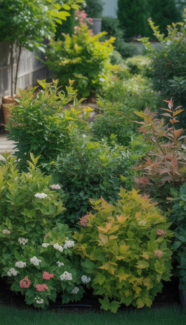 A dense arrangement of green Viburnum shrubs forming a natural privacy screen in a sunny backyard garden.