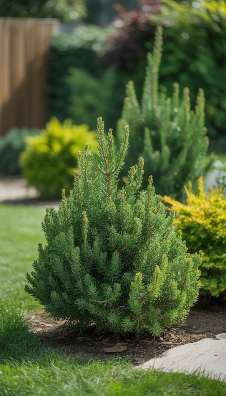A garden with dense plum pine shrubs forming a natural privacy screen surrounded by other green plants and a pathway.