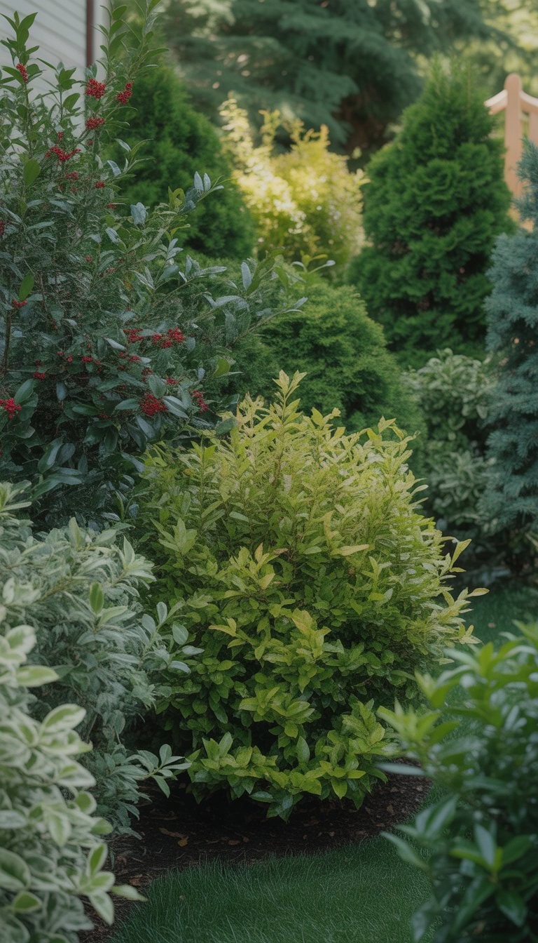 A dense arrangement of green holly shrubs with red berries forming a private garden area bathed in soft sunlight.