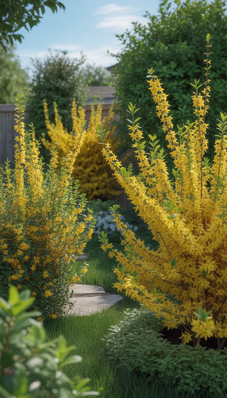 A garden with dense yellow Forsythia shrubs forming a natural privacy screen along a stone pathway on a sunny day.
