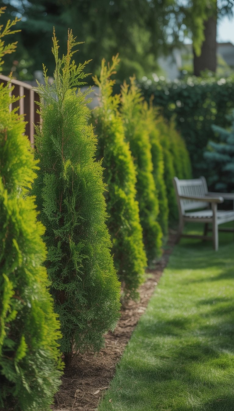 A garden with a dense row of green Thuja shrubs forming a tall privacy hedge, creating a secluded outdoor space.