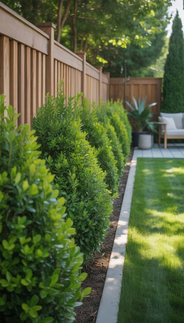A row of dense green boxwood shrubs along a wooden fence in a backyard garden with outdoor seating.