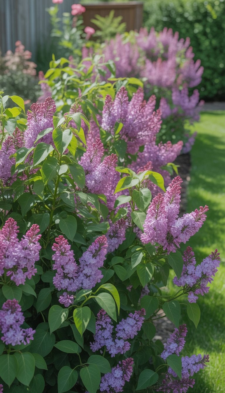A row of dense dwarf lilac shrubs with purple flowers forming a natural privacy hedge in a sunny garden.