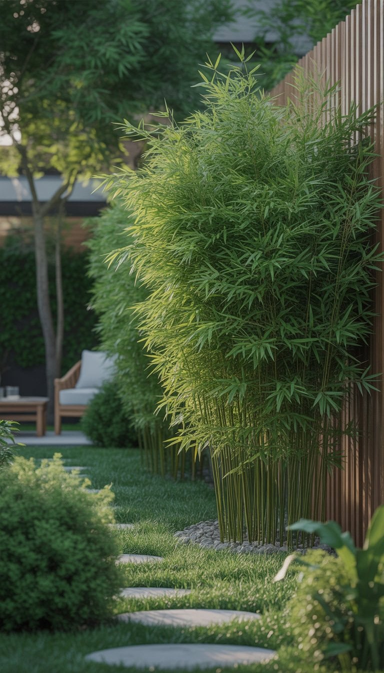 A garden with tall green bamboo plants forming a dense privacy screen along a stone pathway.