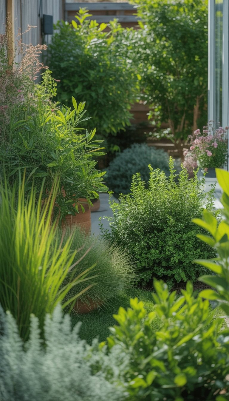 A lush garden with tall ornamental grasses and dense privacy shrubs arranged to create a peaceful and secluded outdoor space.