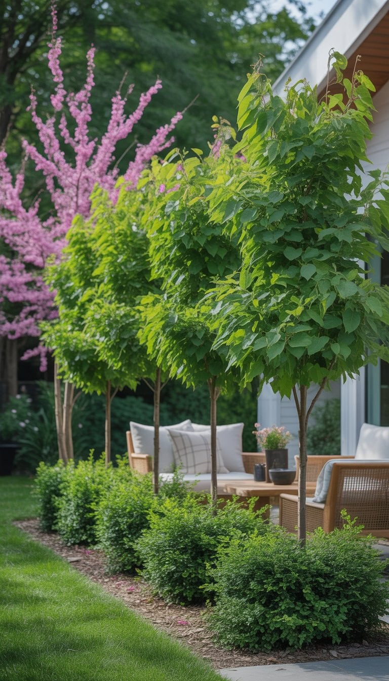 A row of redbud trees and dense privacy shrubs surrounding a cozy backyard seating area with green grass and sunlight filtering through the leaves.
