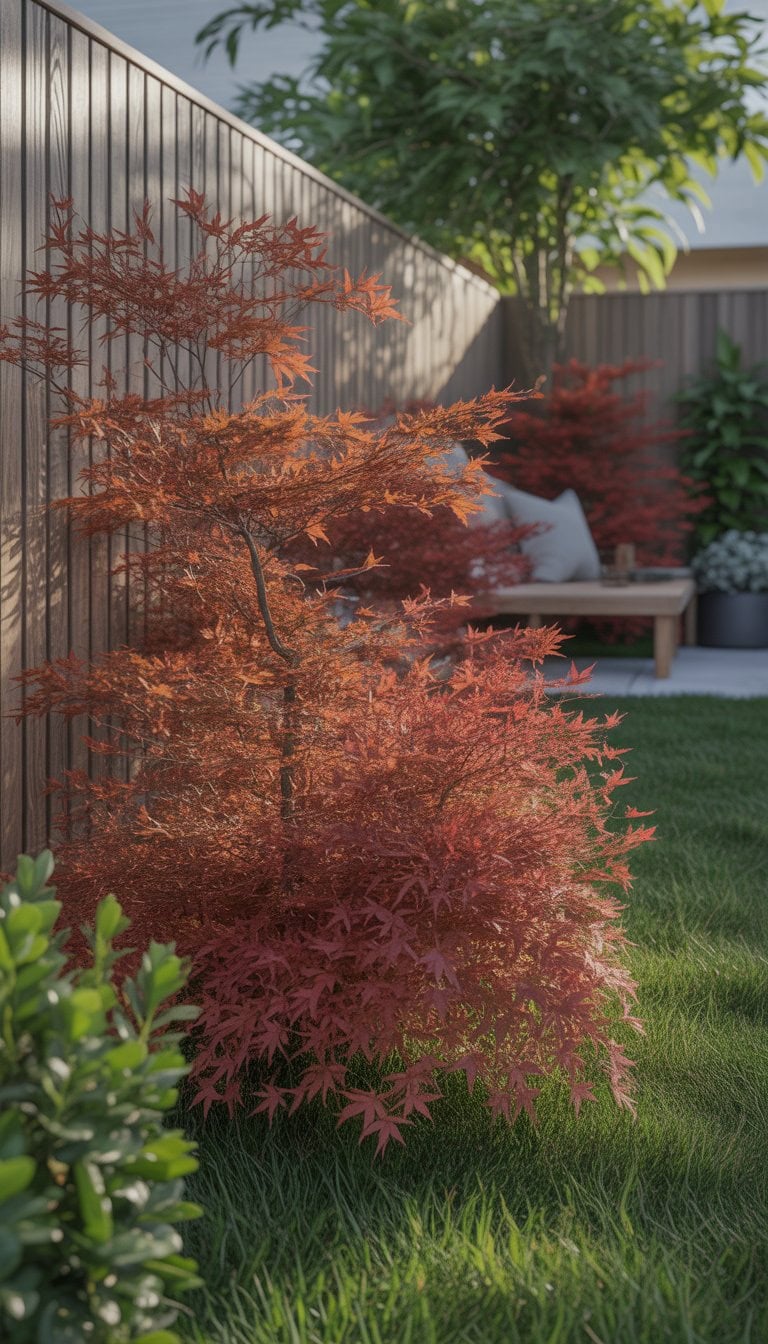 A cluster of Japanese Maple trees with red and orange leaves planted along a wooden fence in a backyard garden.