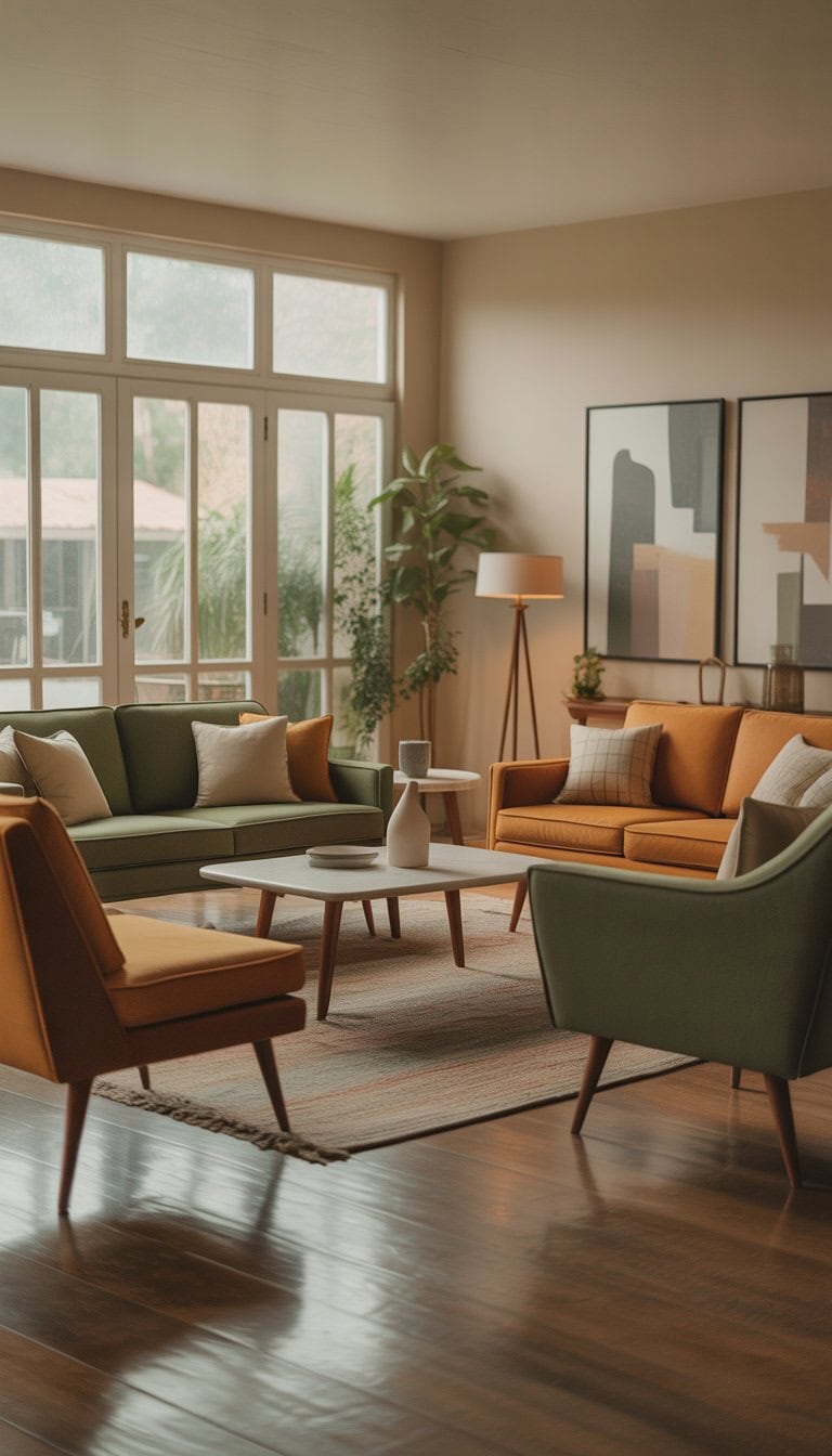 A bright living room with sofas and chairs featuring wooden legs, a coffee table, plants, and large windows letting in natural light.