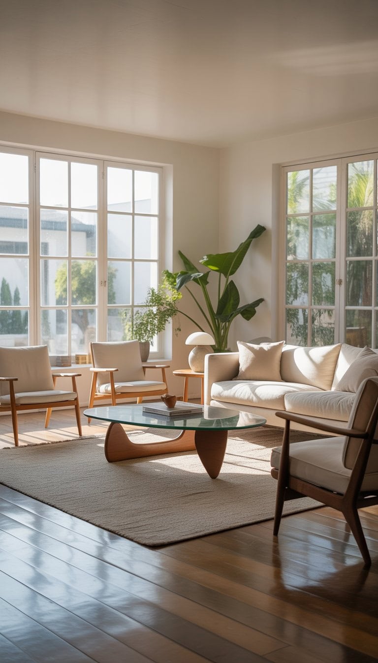 A bright living room with a distinctive coffee table, sofa, armchairs, wooden floor, and green plants.