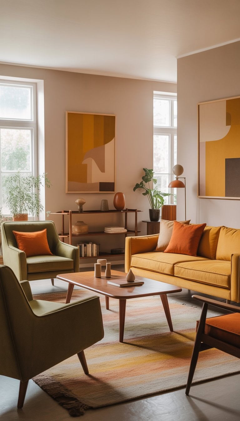 A living room with a yellow sofa, green armchair, wooden coffee table, and warm colored cushions, bathed in natural light.