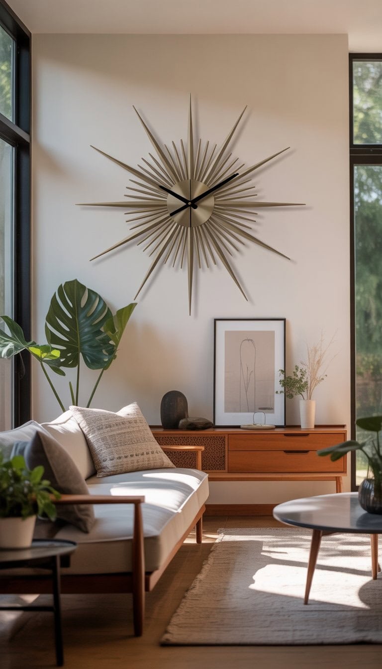 A living room with a starburst wall clock on the wall, a sofa, coffee table, and indoor plants in a bright and welcoming setting.