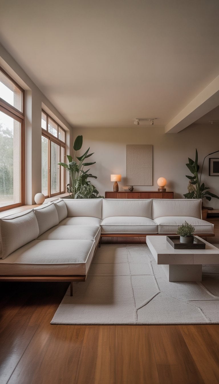 A bright living room with a low-profile sectional sofa, wooden floor, large windows, and minimalist furniture.