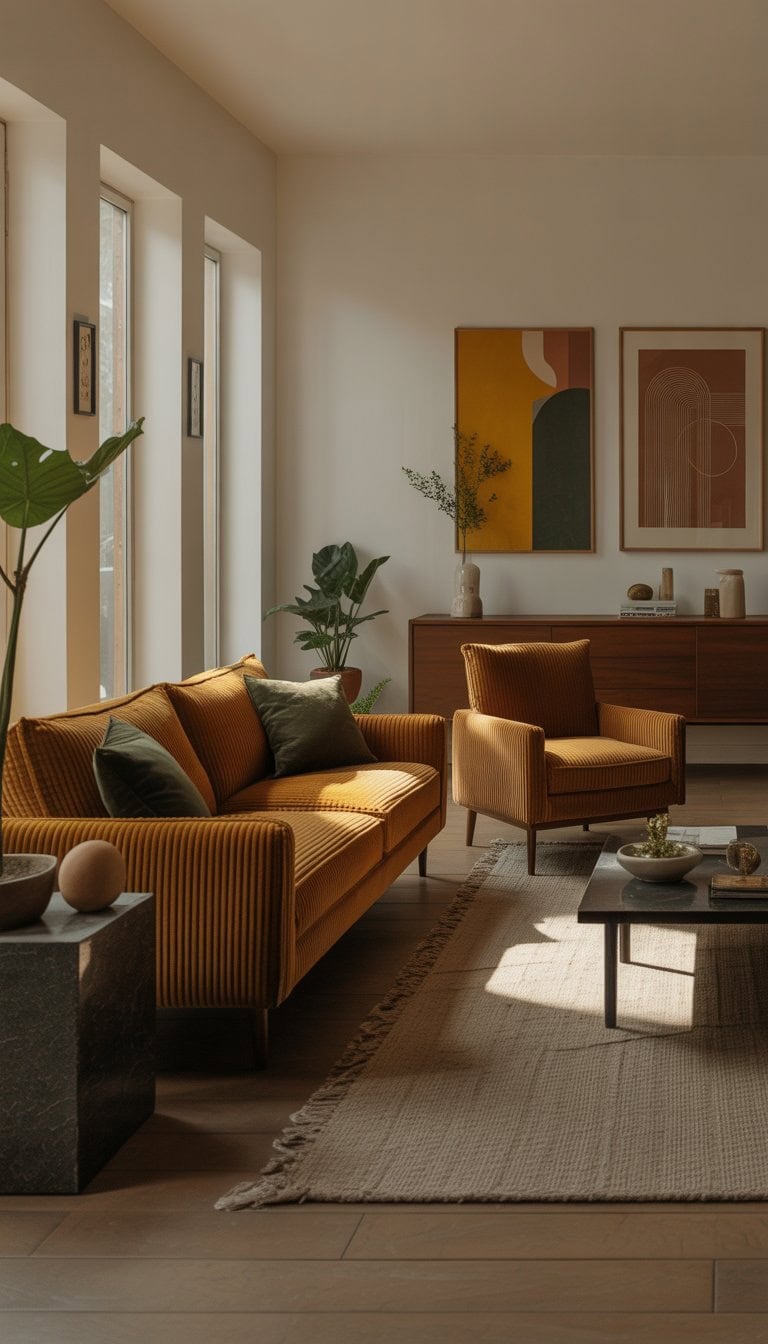 A living room with a sofa and armchair featuring textured upholstery, wooden floor, coffee table, plants, and wall art, illuminated by natural light.