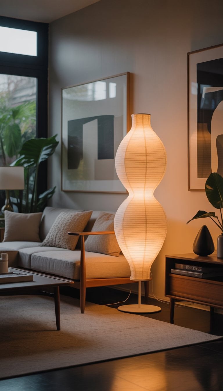 A living room with a paper floor lamp softly lighting the space, featuring a sofa, coffee table, plants, and large windows.