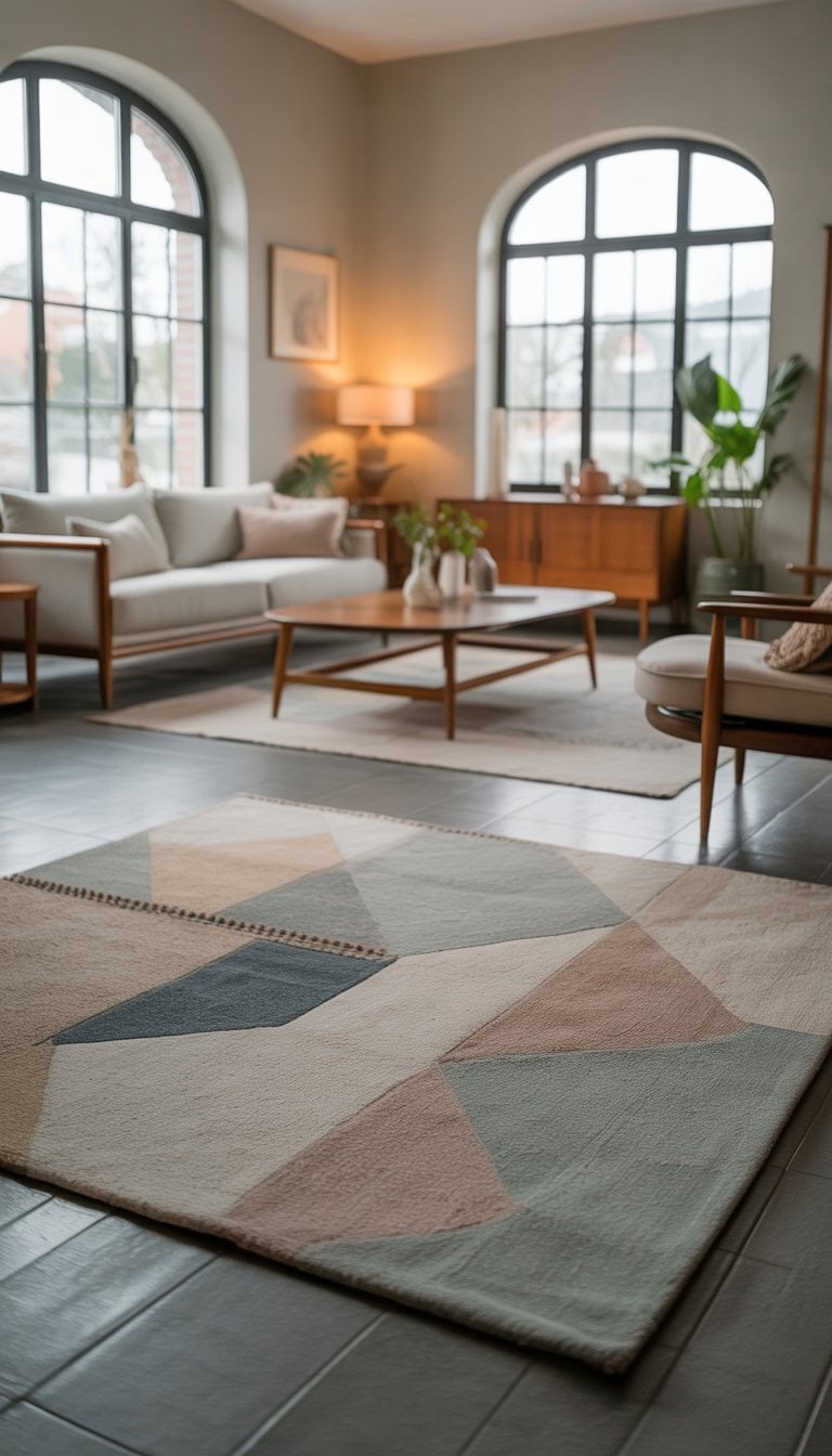 A bright living room with a sofa, wooden furniture, large windows, and geometric patterned rugs on the floor.