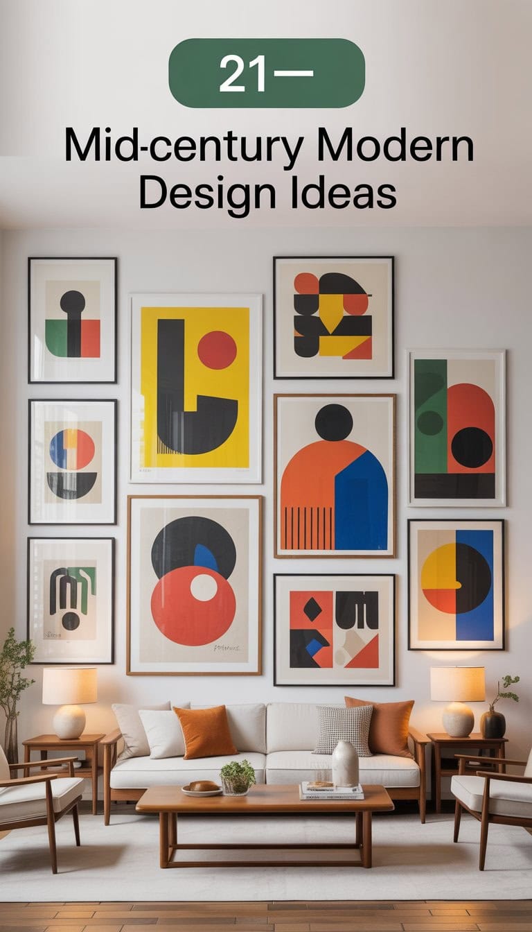 A modern living room with wooden furniture, a sofa, a coffee table, and colorful abstract art prints on the walls.