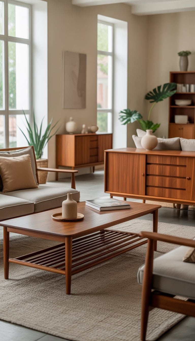 A bright living room with teak wood furniture, including a coffee table and chairs, decorated with cushions, plants, and a rug.