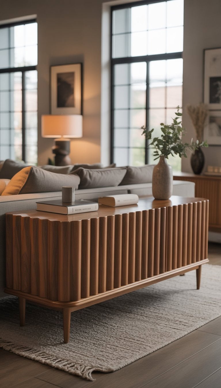 A living room with a wooden scalloped-edge credenza, sofa, area rug, and natural light from large windows.