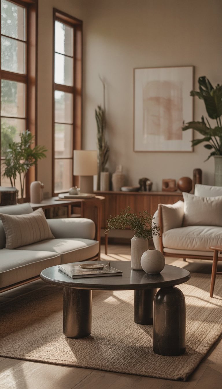 A living room with rounded edge side tables next to a sofa and armchairs, illuminated by natural light from large windows.