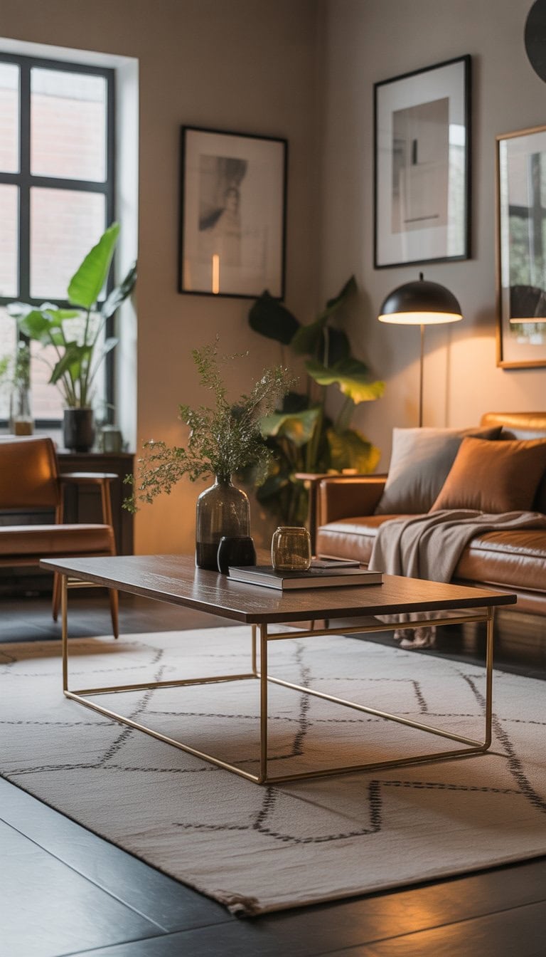 A living room with a sofa, coffee table, floor lamp, artwork on the walls, a patterned rug, and indoor plants, all illuminated by natural light from large windows.
