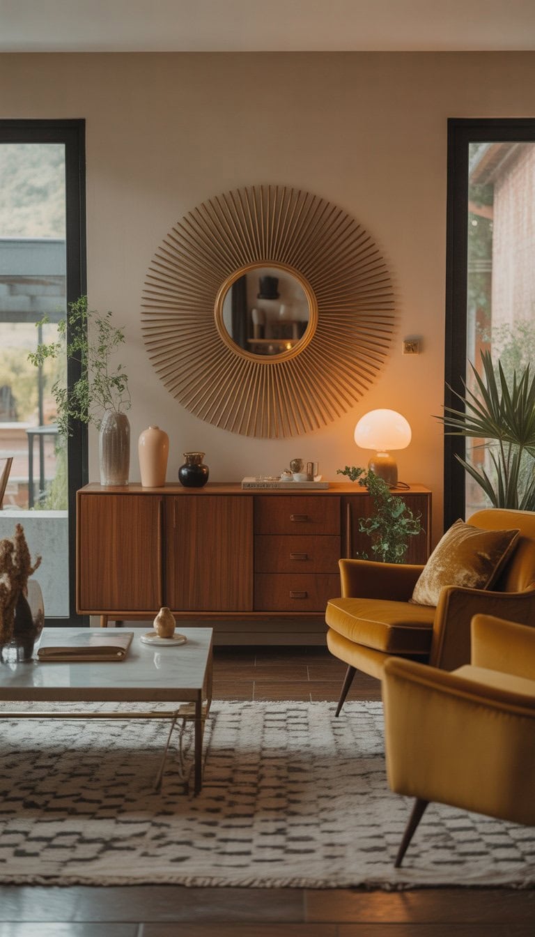 A living room with a sunburst mirror above a wooden sideboard, a velvet armchair, patterned rug, and indoor plants in natural light.