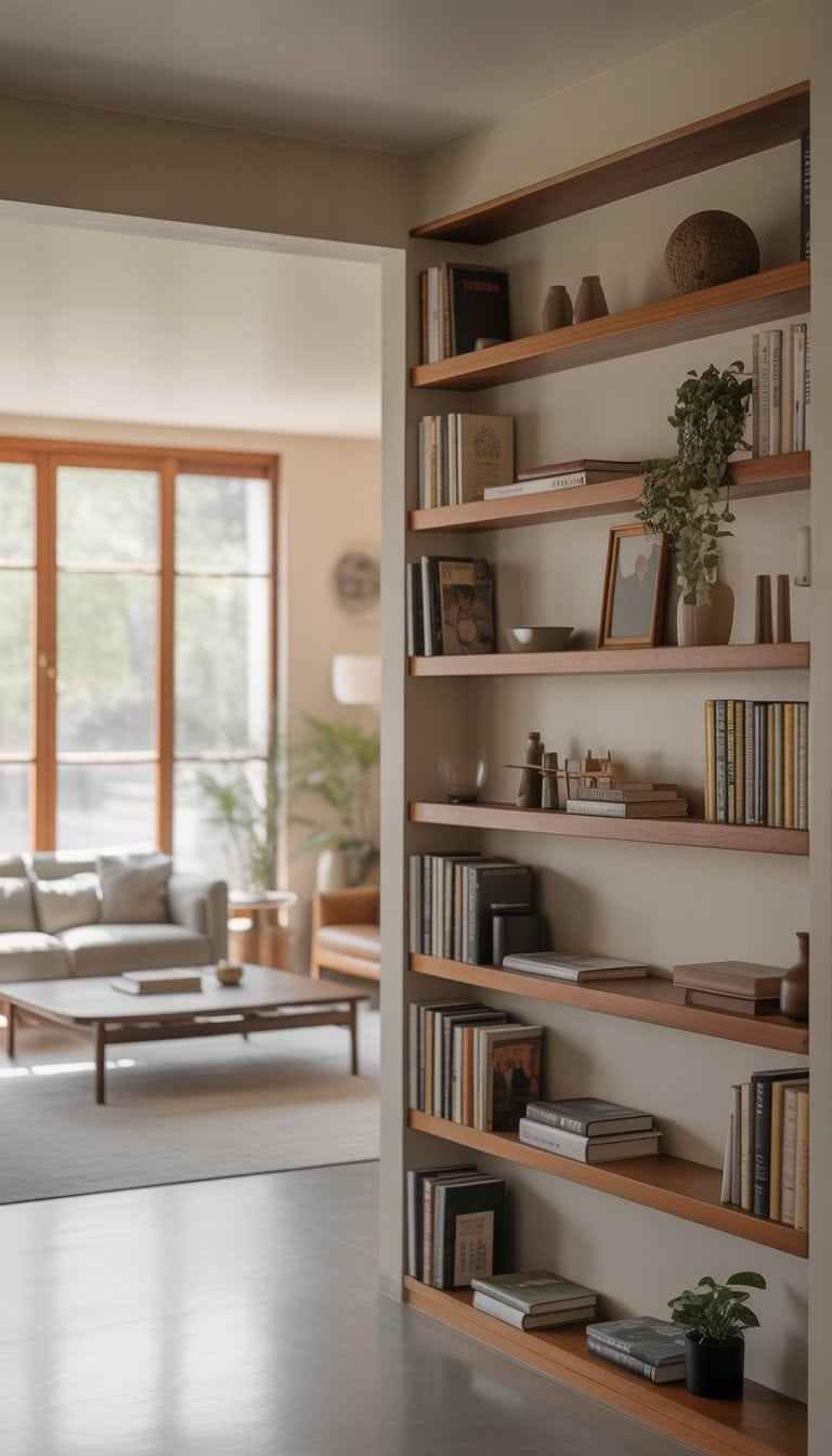 A living room with built-in wall shelves holding books and plants, a sofa, and a coffee table with natural light coming through large windows.