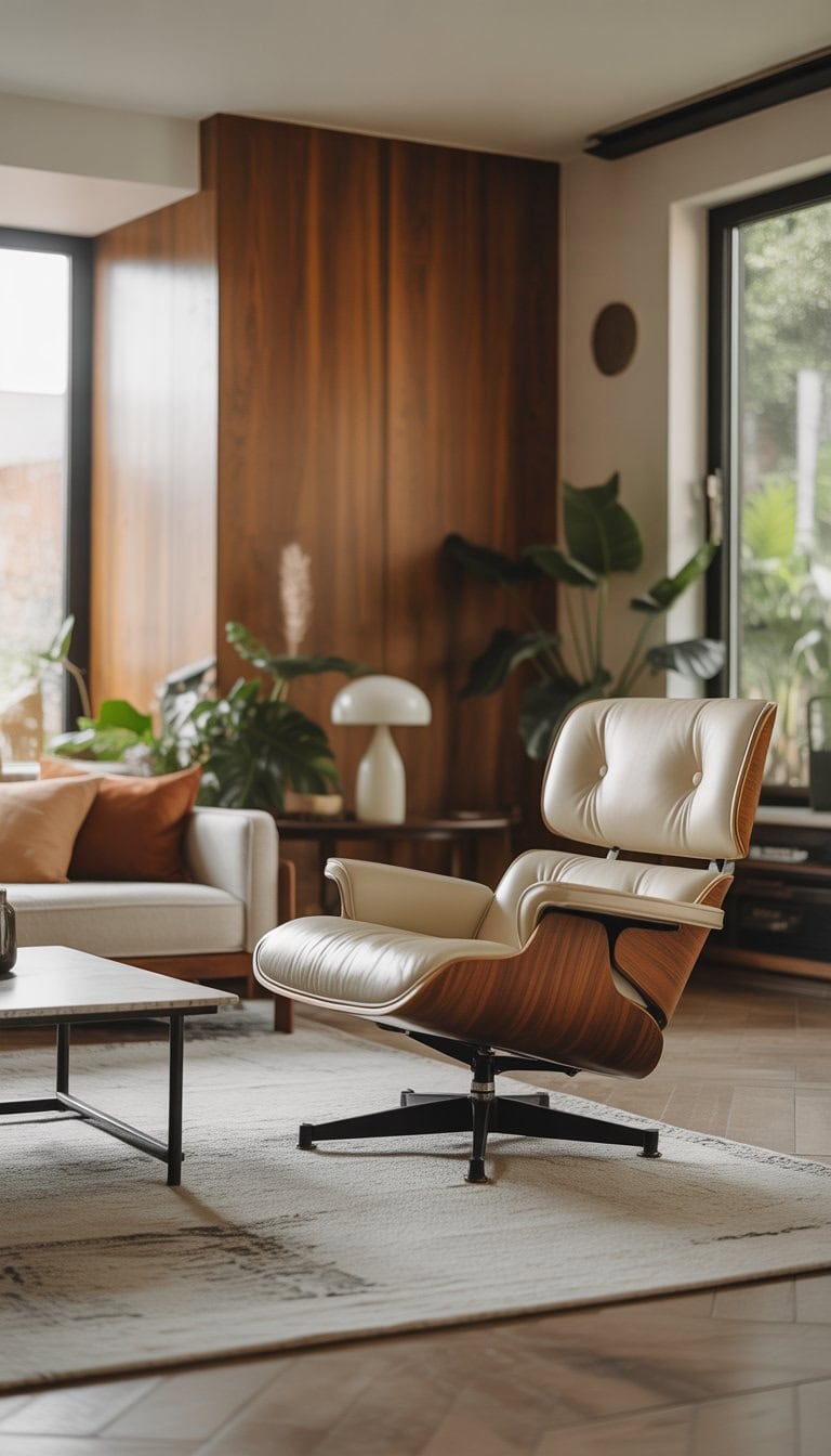 A cozy living room with a comfortable lounge chair, coffee table, rug, and indoor plants near large windows.