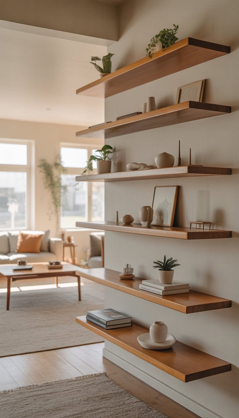 A living room with floating shelves holding plants and decor above a sofa, with natural light filling the space.