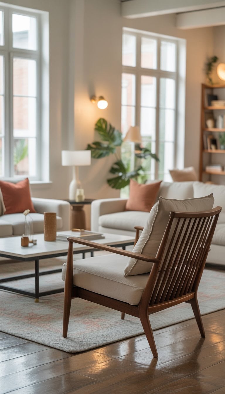 A bright living room with split-back chairs arranged around a coffee table, large windows, and decorative plants.