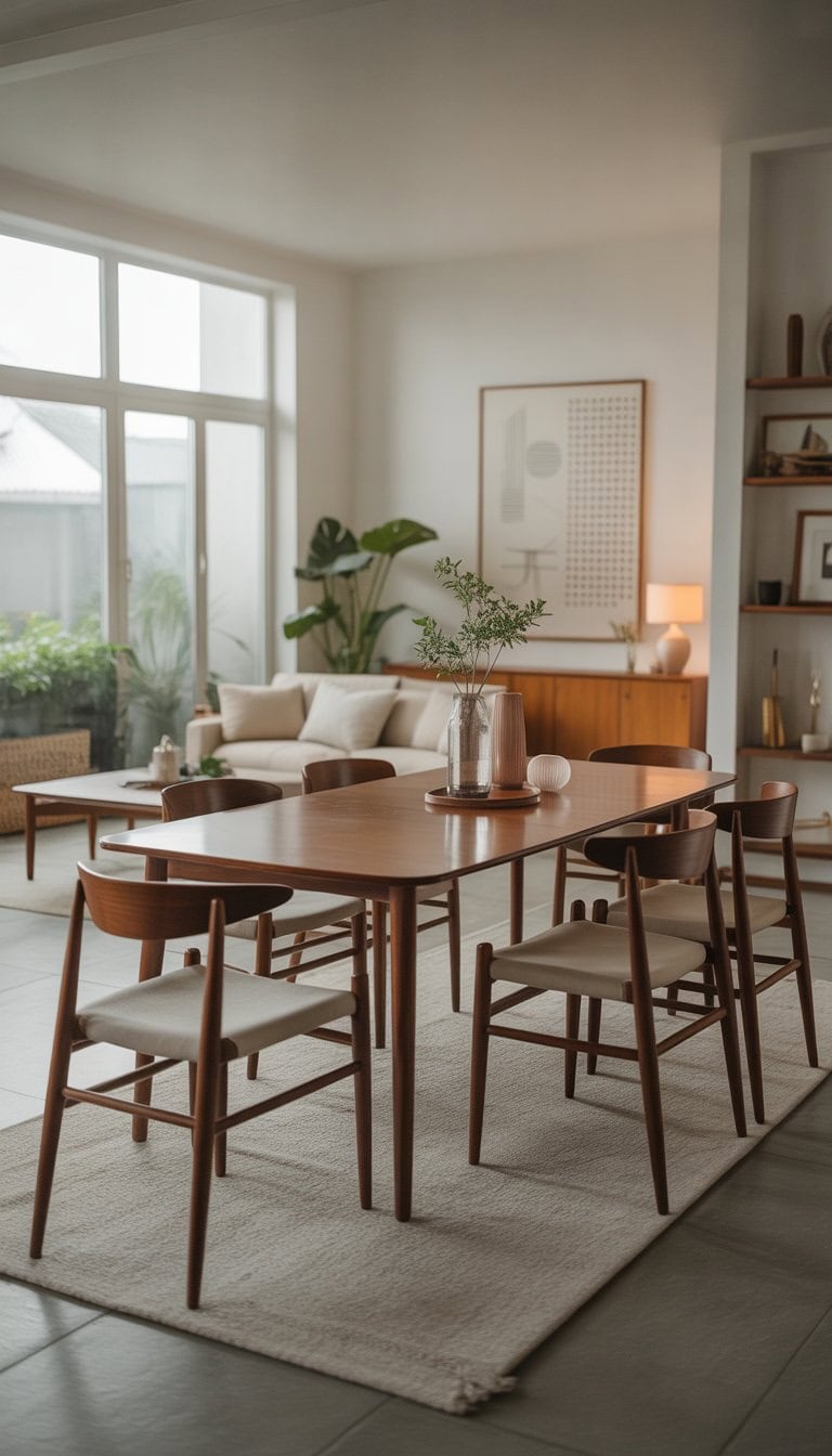 A bright dining room with a wooden table and chairs next to a cozy living area with a sofa and plants.