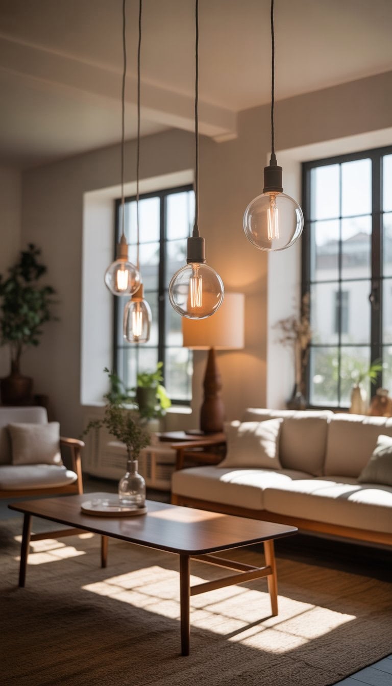 A living room with hanging pendant lights featuring exposed bulbs, a sofa, coffee table, and natural light coming through large windows.