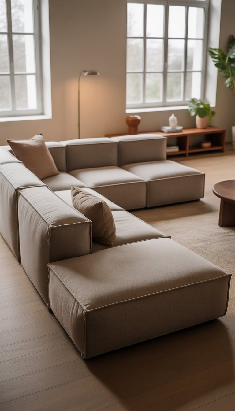 A spacious living room with a modular sofa, wooden coffee table, floor lamp, and potted plant, illuminated by natural light.
