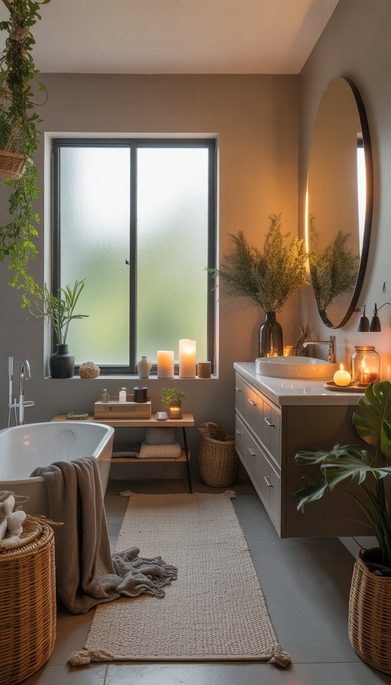 A spacious bathroom with a freestanding bathtub, vanity with mirror, plants, and decorative items, illuminated by natural light.