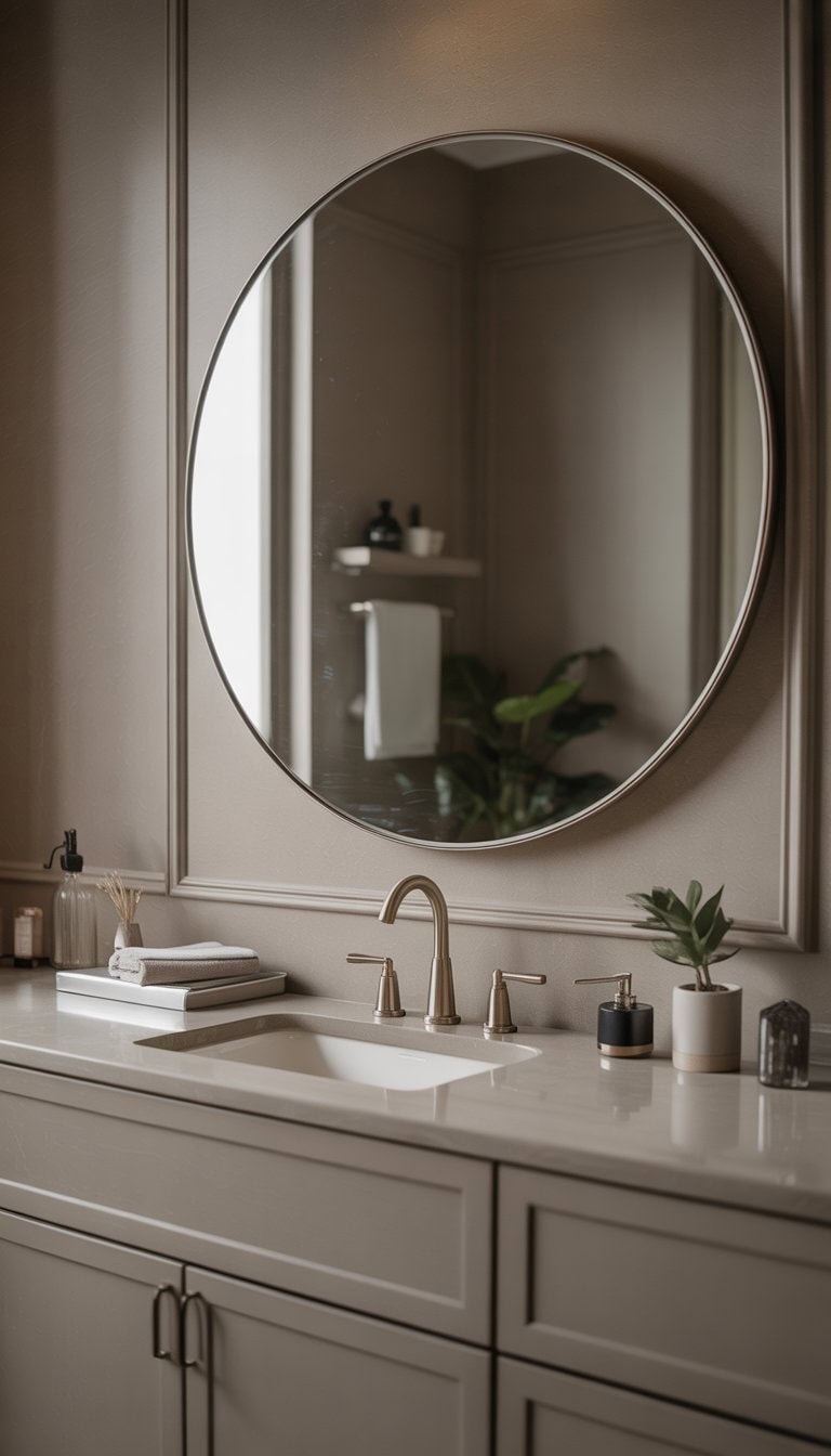 A bathroom with a large round mirror above a vanity, featuring a clean countertop and decorative items.