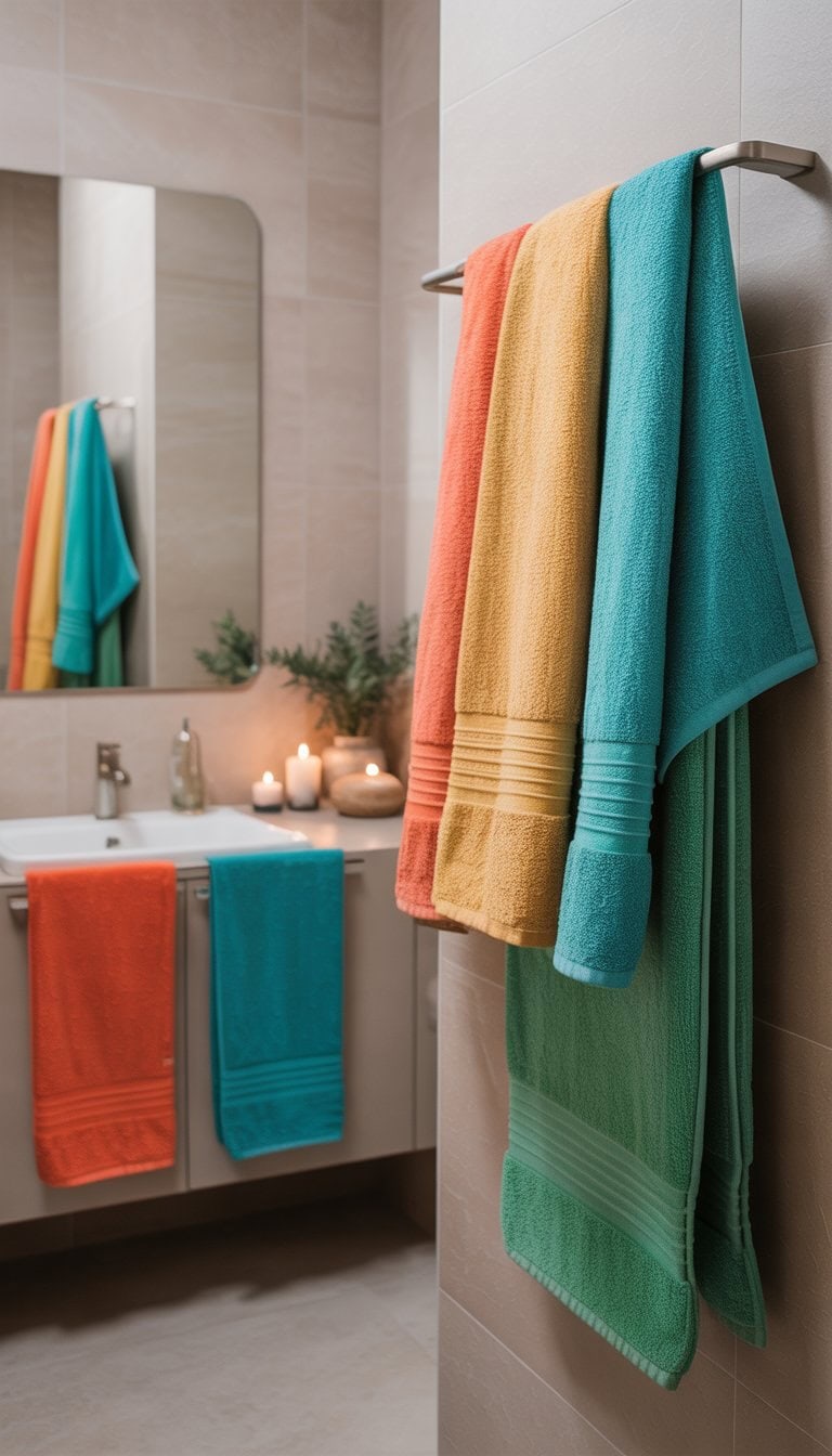 A bathroom with neutral walls and colorful towels hanging on towel racks, with a sink and mirror visible.