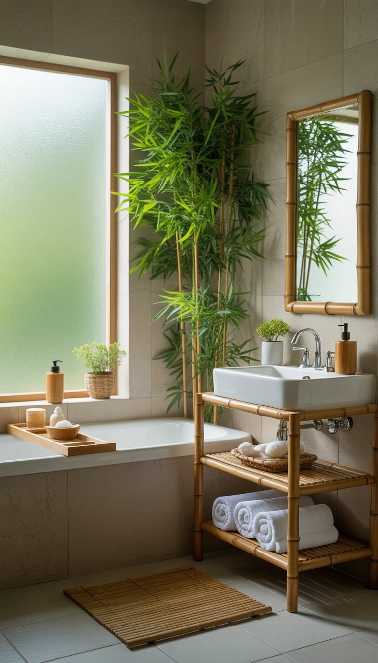 A bathroom with a white bathtub, bamboo shelves holding towels and plants, and bamboo accessories creating a calm and natural setting.