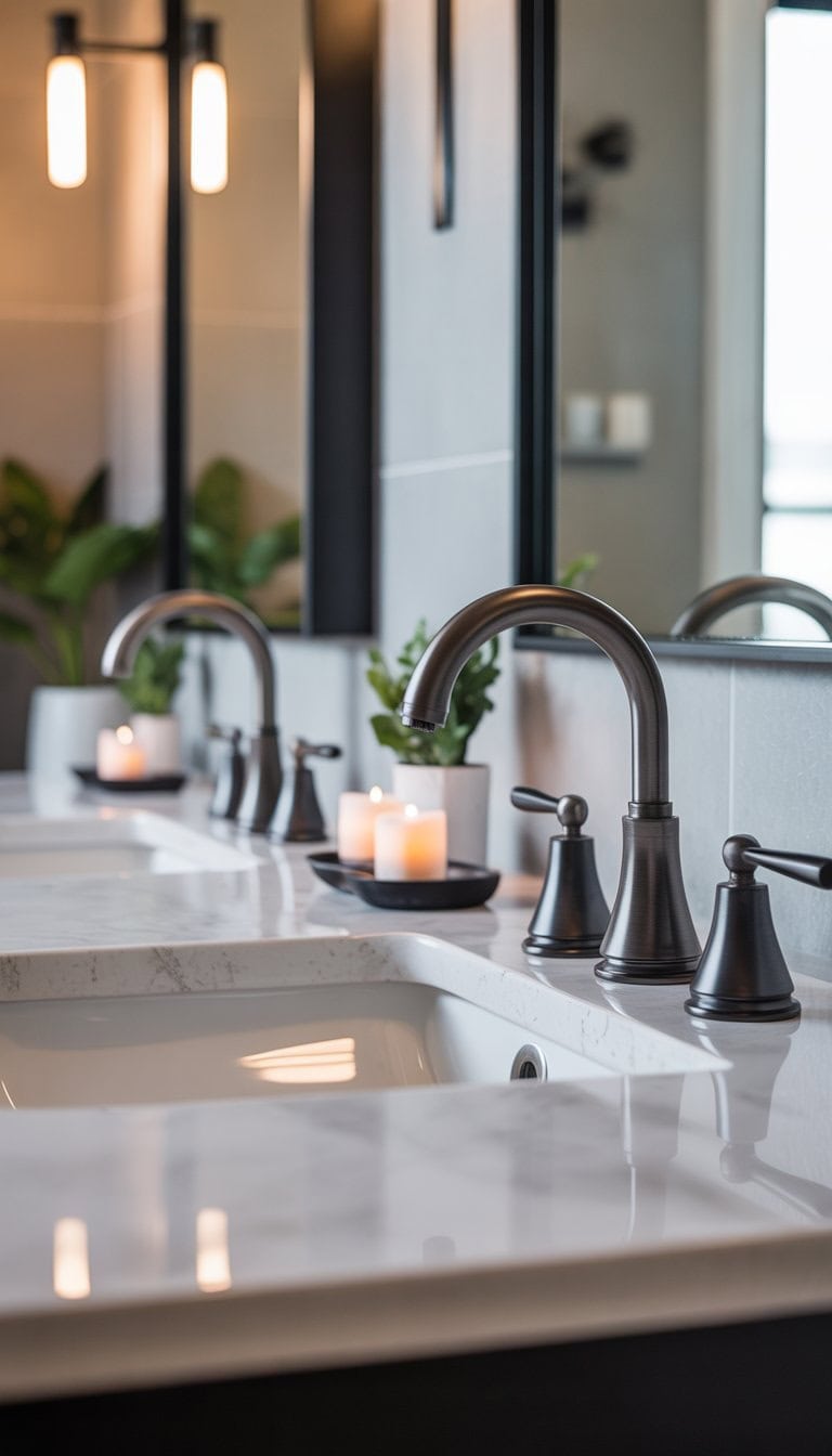 A bathroom sink area with matte black and brushed nickel faucets, clean countertops, and subtle decorative elements.